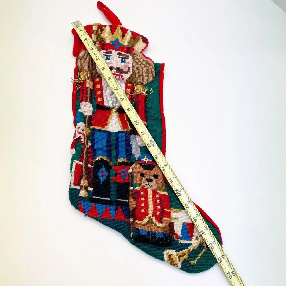 Vintage Needlepoint Wool Christmas Stocking Nutcracker Teddy Bear 3D